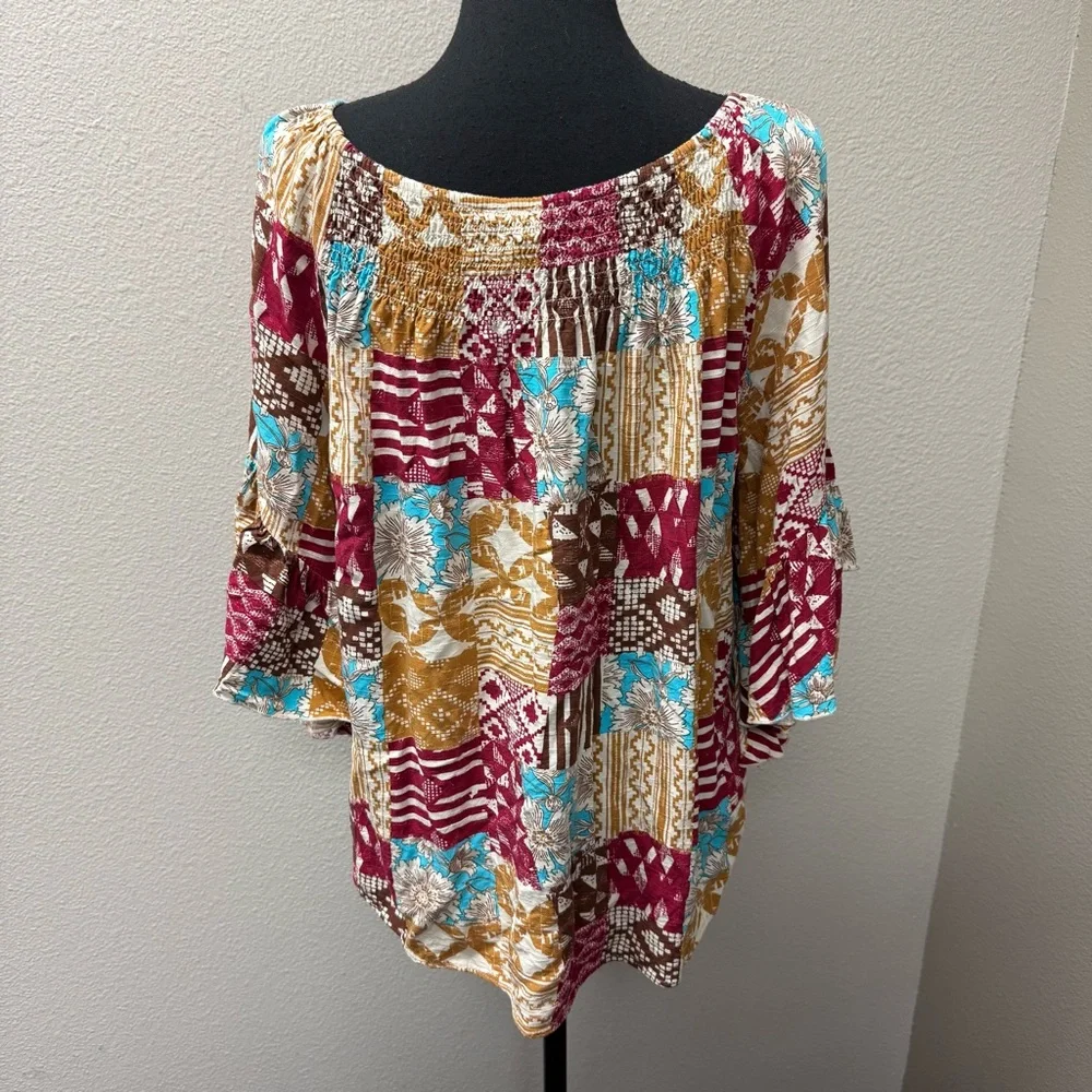 Cato Boho Patchwork Peasant Top Smocked Neck Bell Sleeve Floral Print L - Picture 5 of 10